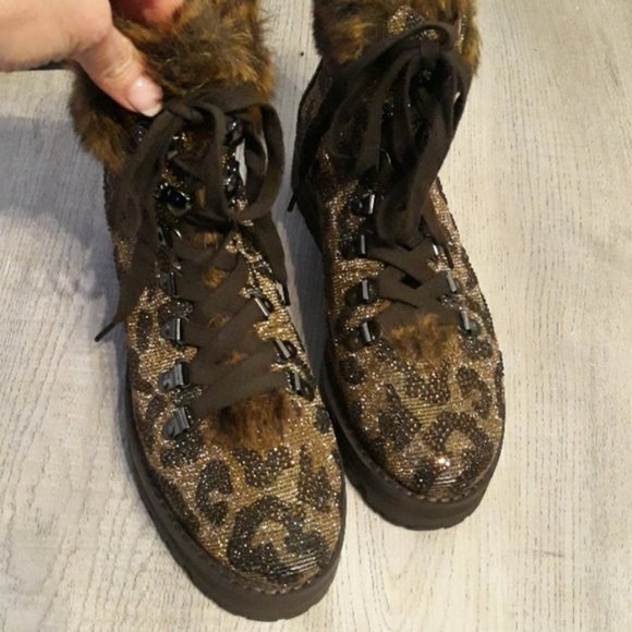 Jessica Simpson Rhinestone Leopard Hiking Fur Hiking Boots Shoe Norina 5 1/2 NEW - Picture 2 of 4